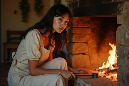 Jeune femme habillée simplement accroupie près d'une cheminée en pierre dans une cuisine rustique du XVIIe siècle, illustrant la vie de Cendrillon avant sa transformation dans le conte de Perrault