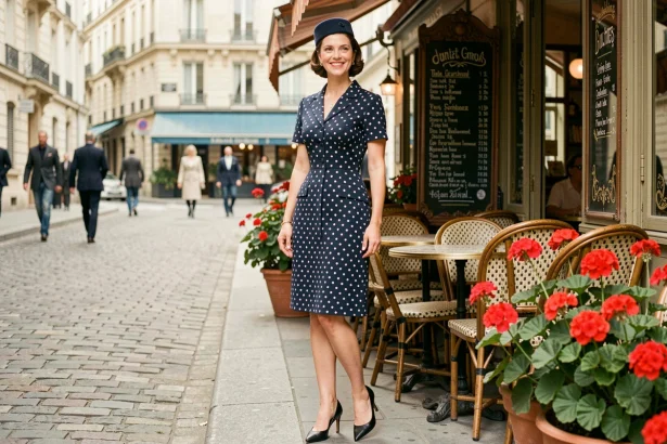 Femme élégante en tenue rétro années 60 devant un café parisien typique, évoquant l'atmosphère de la chanson française