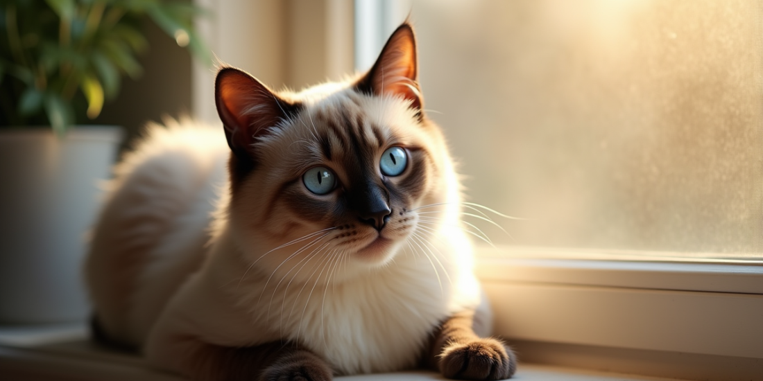 Chat siamois allongé sur une fenêtre ensoleillée dans un salon