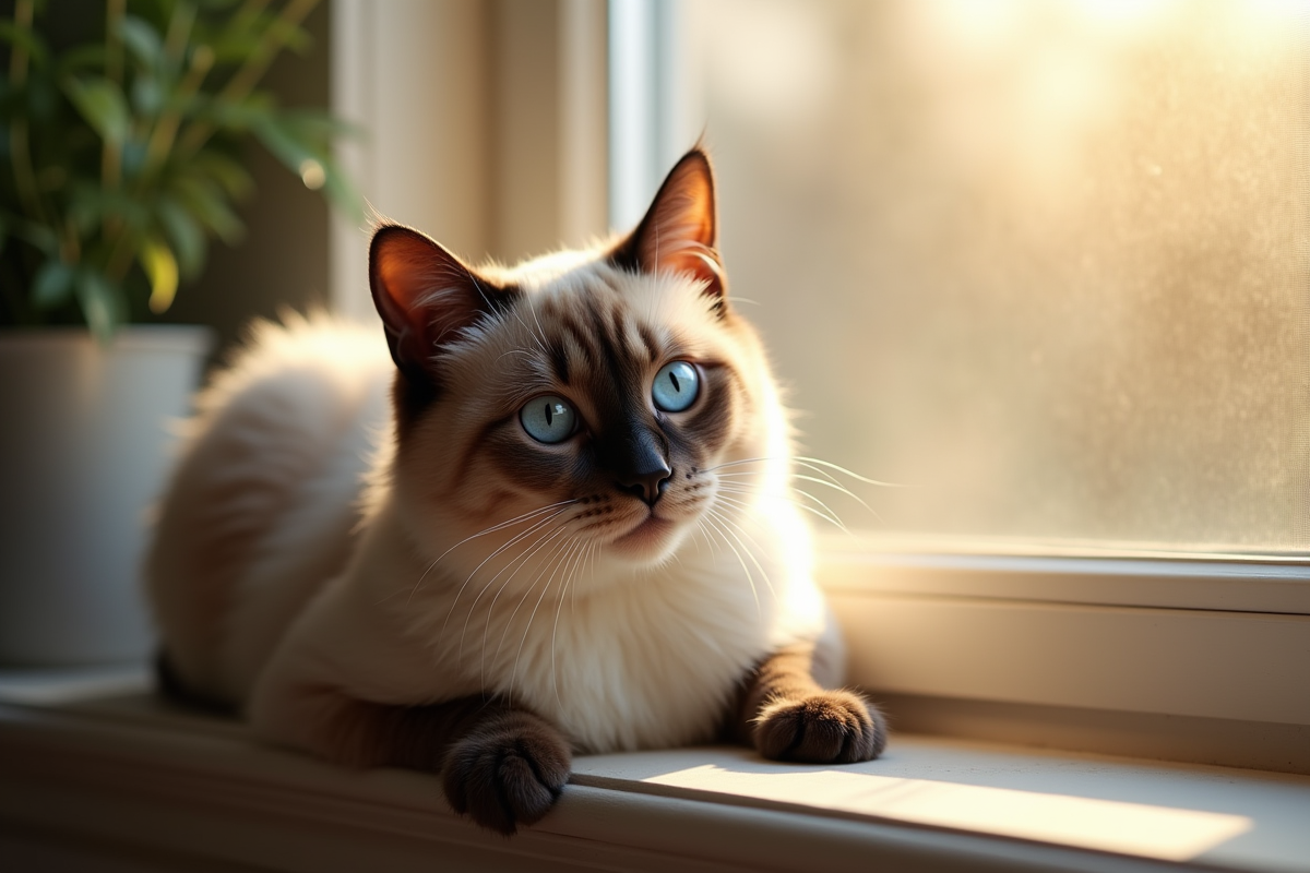Chat siamois allongé sur une fenêtre ensoleillée dans un salon
