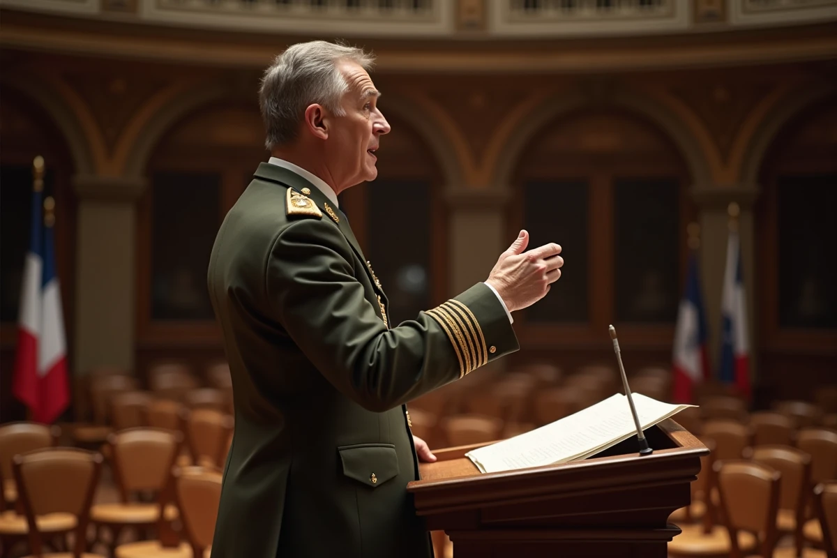 Chef de chœur militaire français dirigeant une répétition dans une salle de concert historique