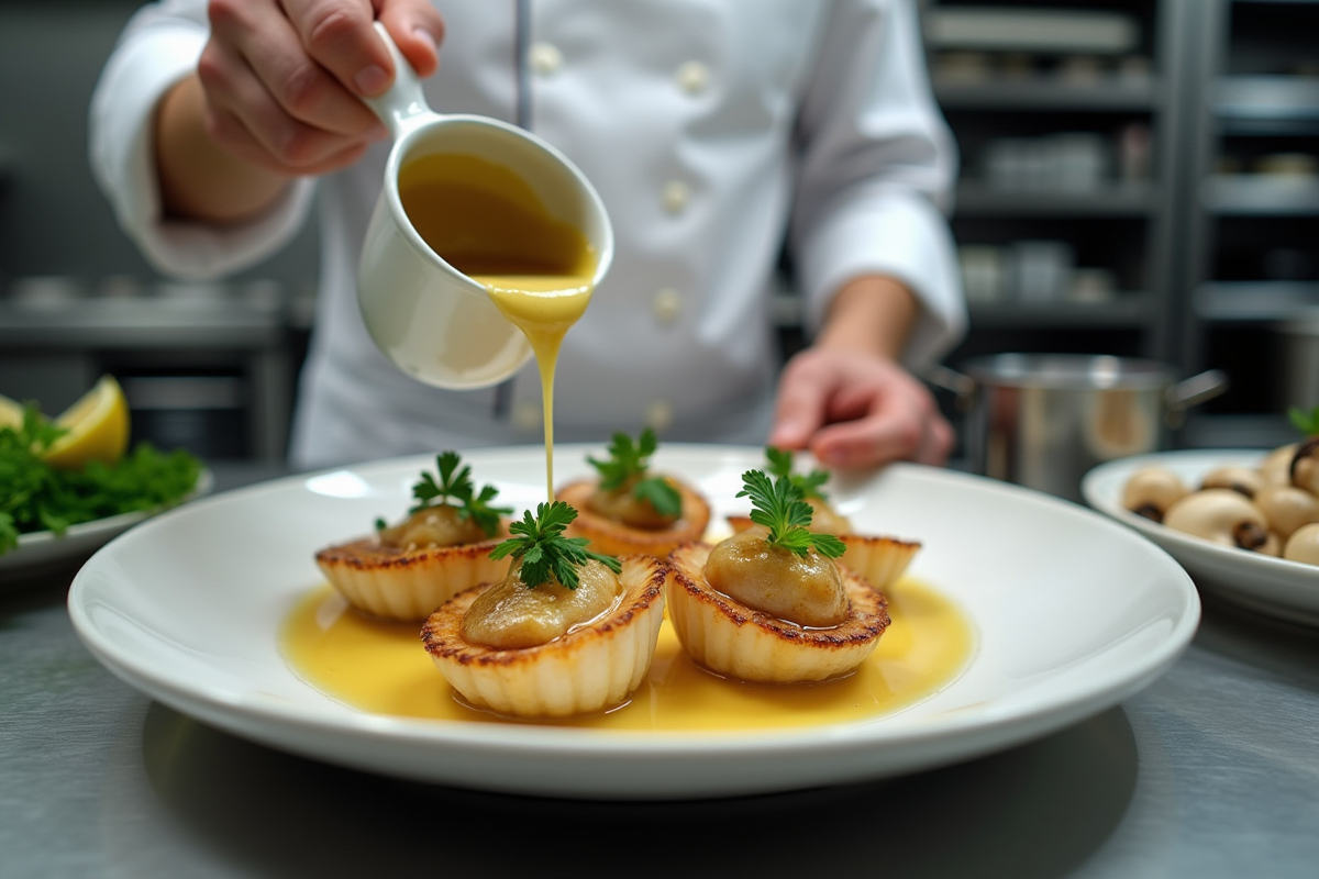 Chef préparant coquilles SaintJacques en cuisine professionnelle