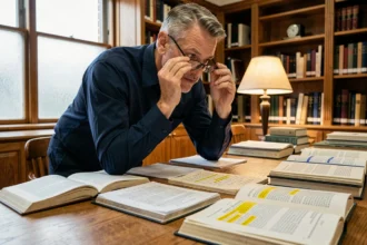 Chercheur universitaire consultant des documents juridiques complexes dans une bibliothèque académique