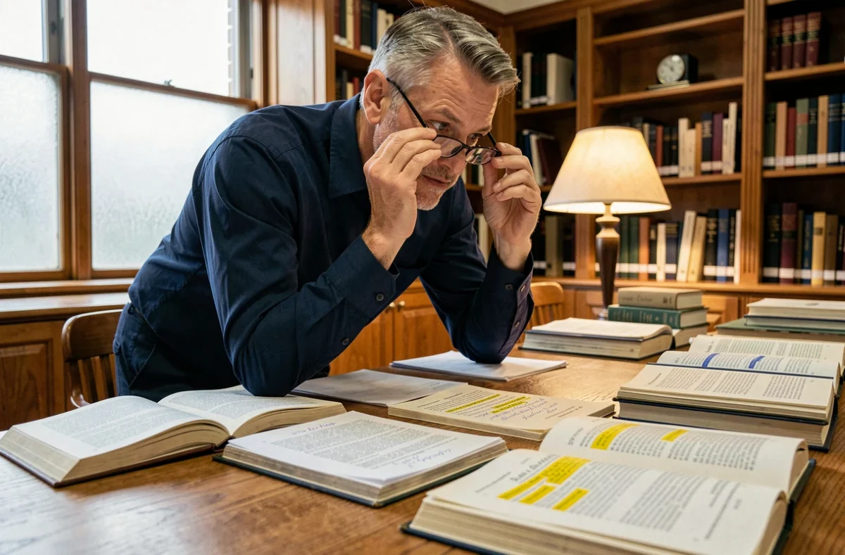 Chercheur universitaire consultant des documents juridiques complexes dans une bibliothèque académique