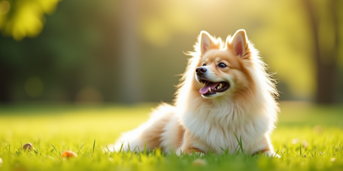 Chien Spitz assis dans un parc ensoleille avec pelage fluffy