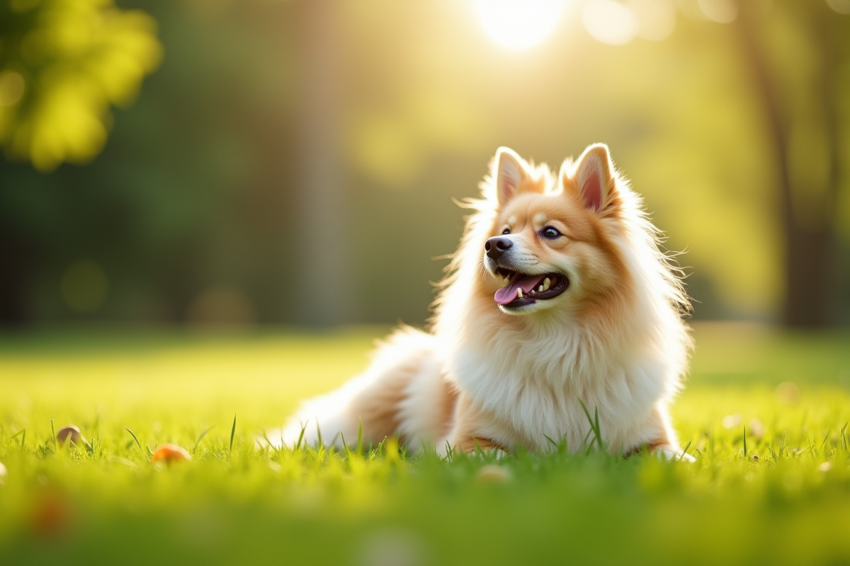 Chien Spitz assis dans un parc ensoleille avec pelage fluffy