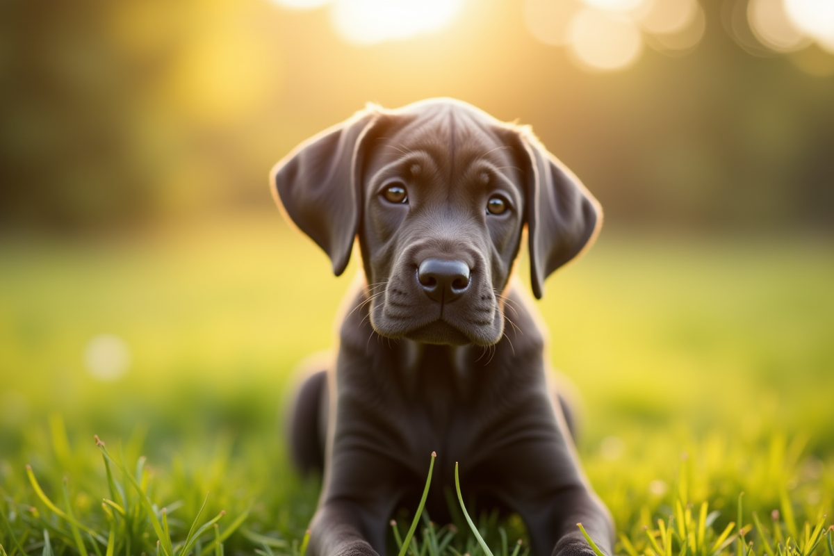Chiot cane corso assis dans l'herbe en plein jour