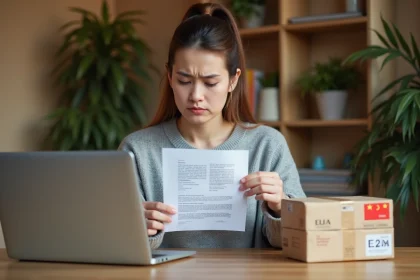 Femme tenant un avis de douane pour un colis China Post bloqué, posé sur une table en bois à côté d'un ordinateur portable