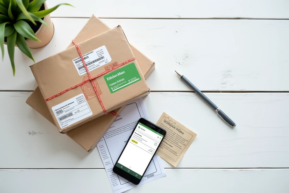 Vue à plat d'un colis China Post avec étiquettes de suivi, déclaration douanière et smartphone affichant un statut bloqué en douane