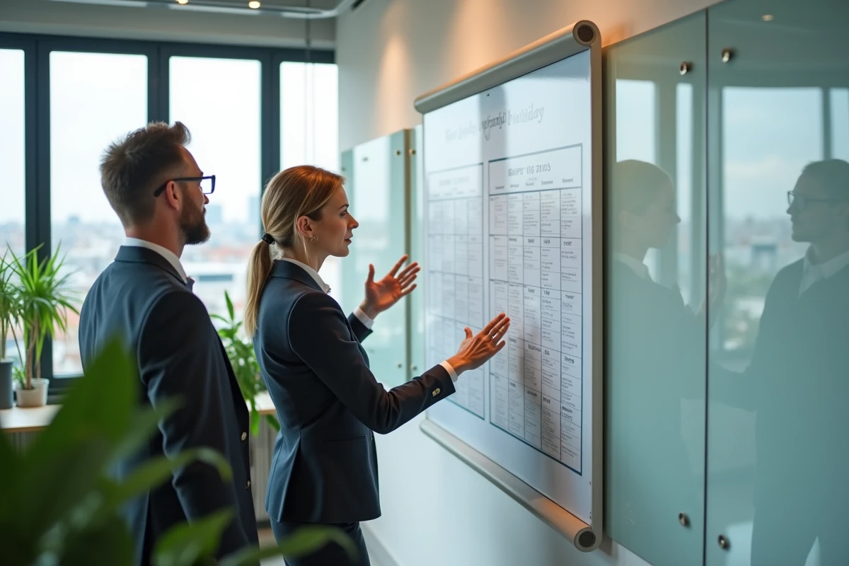 Deux collègues discutent des jours fériés devant un calendrier au bureau