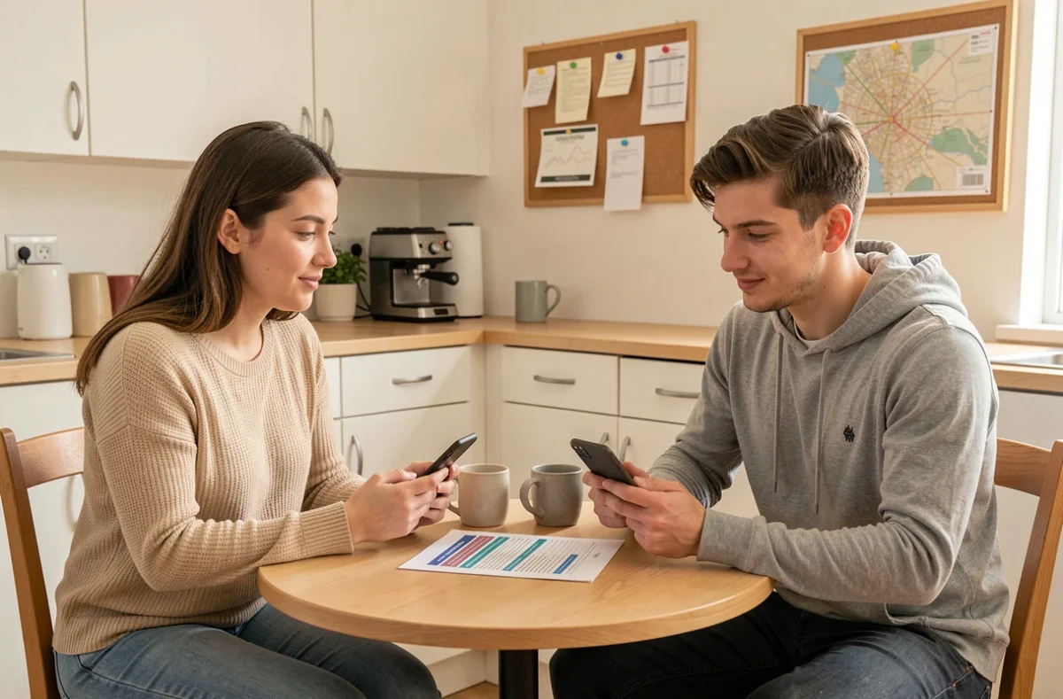 Deux colocataires étudiants comparant des offres d'assurance habitation dans leur cuisine