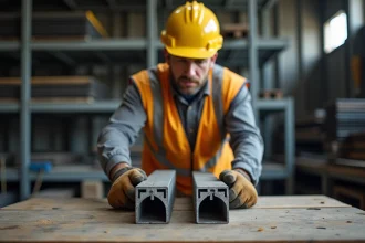 Ingénieur en bâtiment comparant une cornière acier et un profilé en U dans un atelier industriel