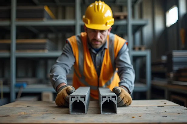 Ingénieur en bâtiment comparant une cornière acier et un profilé en U dans un atelier industriel