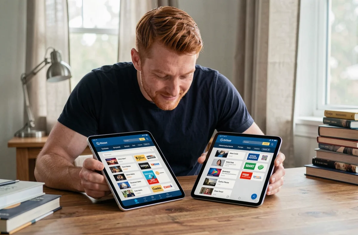 Homme comparant deux offres de chaînes télévisées sur des tablettes numériques à son bureau à domicile