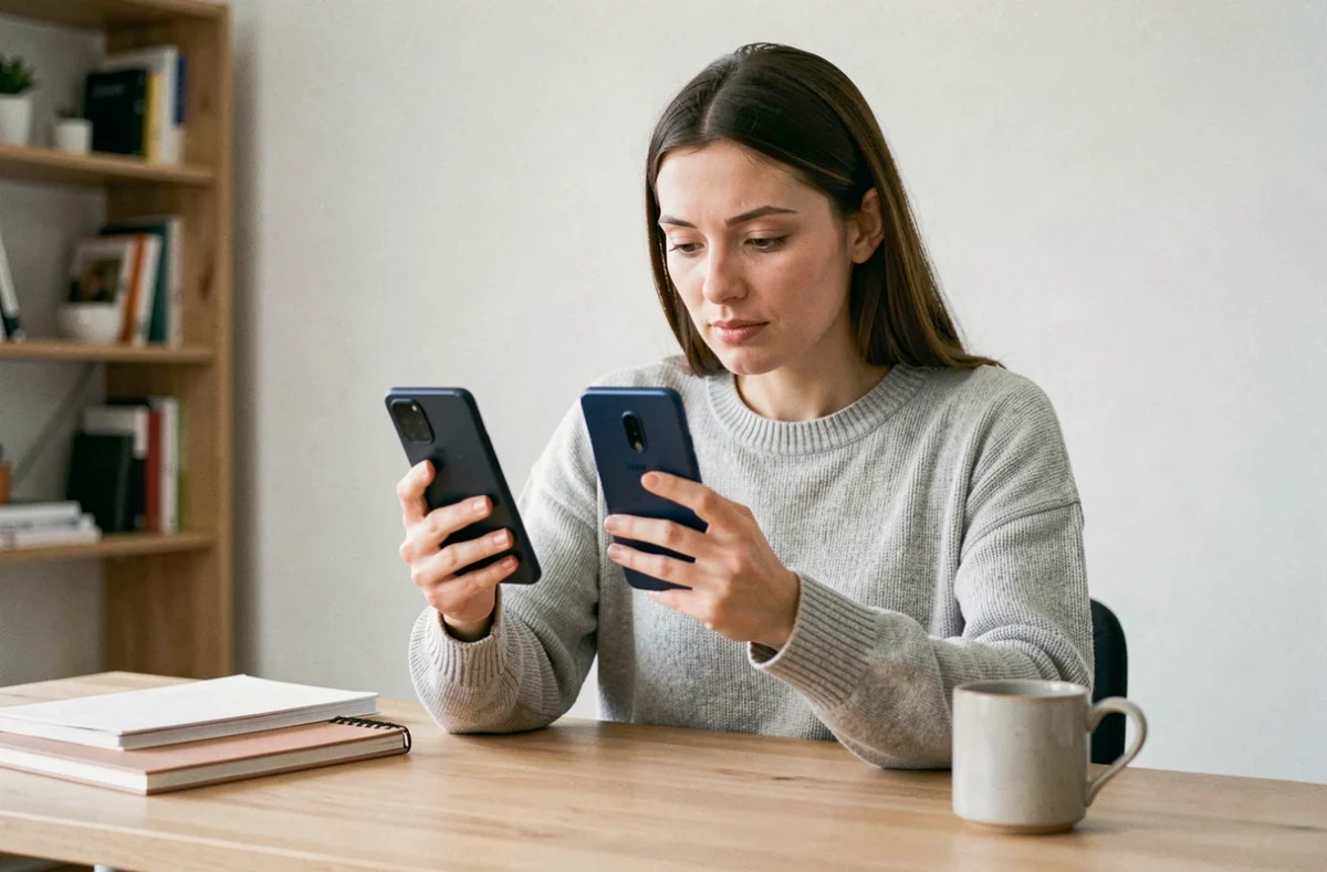 Femme comparant deux smartphones Samsung côte à côte sur un bureau en bois dans un bureau à domicile moderne