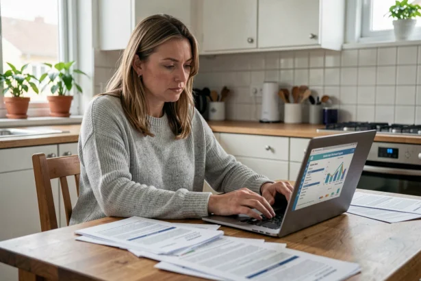 Femme comparant des offres d'assurance multirisque habitation sur ordinateur portable avec des documents papier sur une table de cuisine