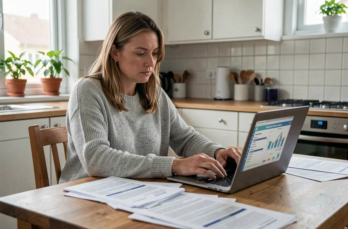 Femme comparant des offres d'assurance multirisque habitation sur ordinateur portable avec des documents papier sur une table de cuisine