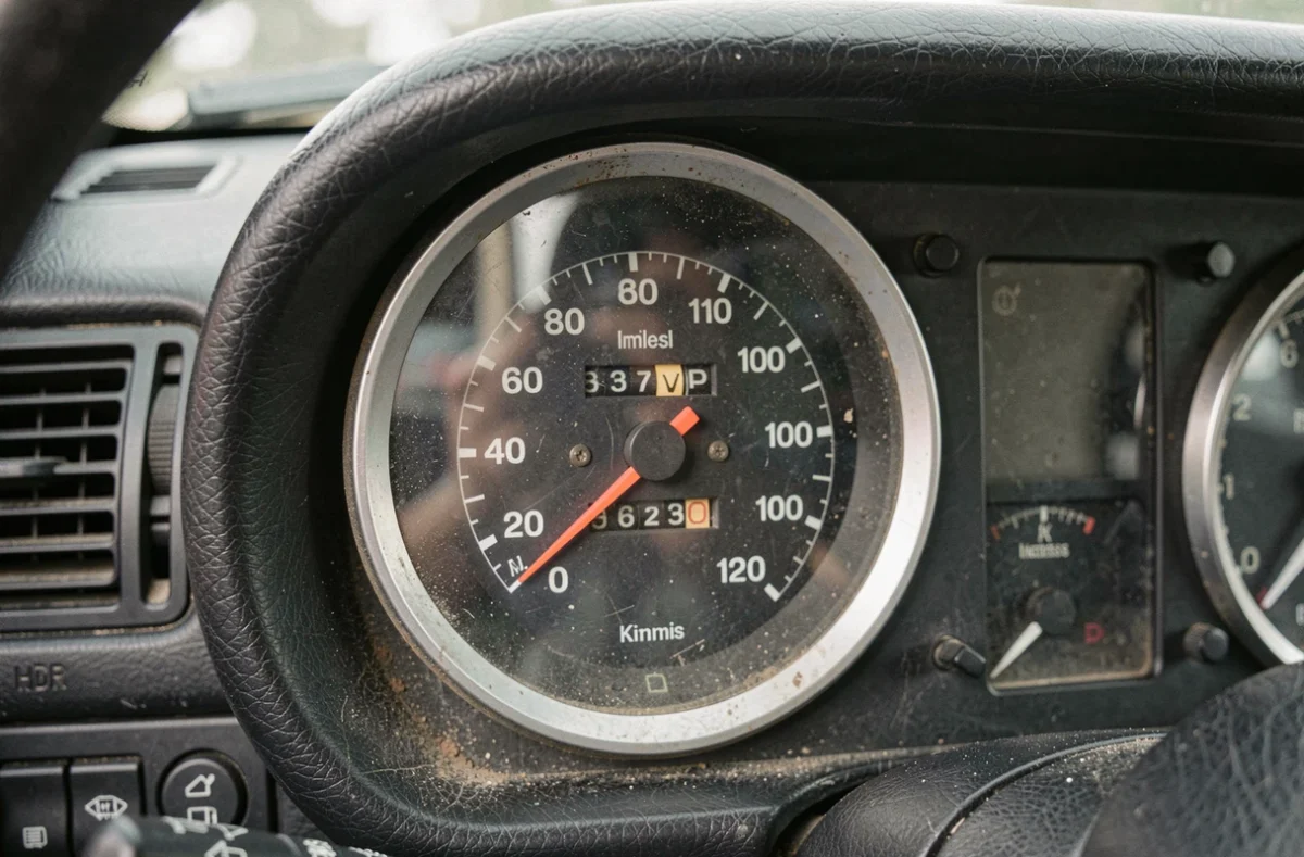 Gros plan sur un compteur de vitesse de voiture affichant les miles par heure et les kilomètres par heure sur un double cadran analogique