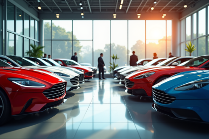Vitrine moderne d'un concessionnaire en 2025 avec voitures neuves