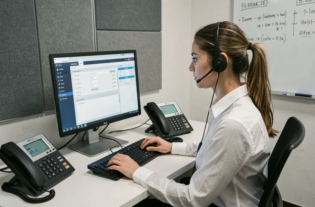 Employée avec casque téléphonique configurant la messagerie fixe Free sur un poste de travail professionnel avec téléphone de bureau et interface VoIP