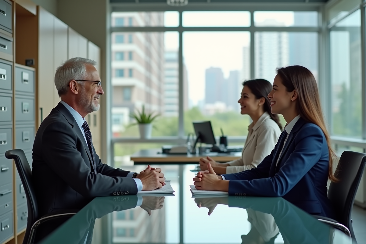Conseiller immobilier rencontrant un jeune couple dans un bureau lumineux