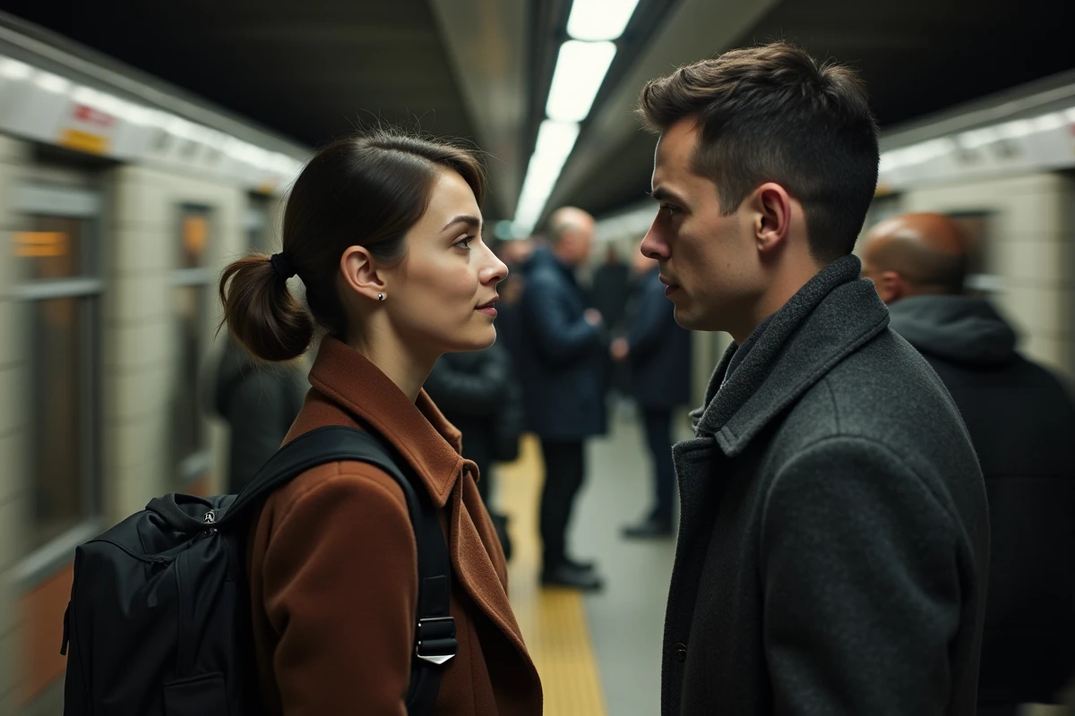 Contact visuel fugace entre un homme et une femme dans le métro parisien