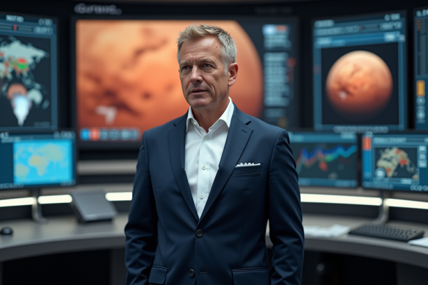 Homme en costume devant un centre de contrôle martien