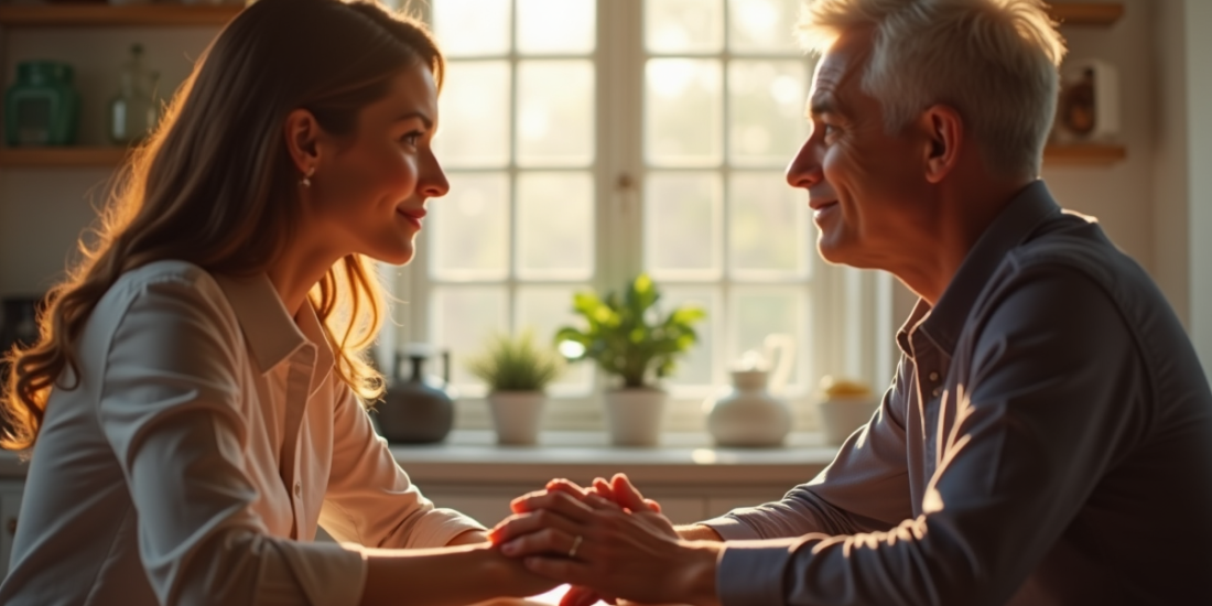 Couple discutant à la cuisine avec lumière naturelle douce