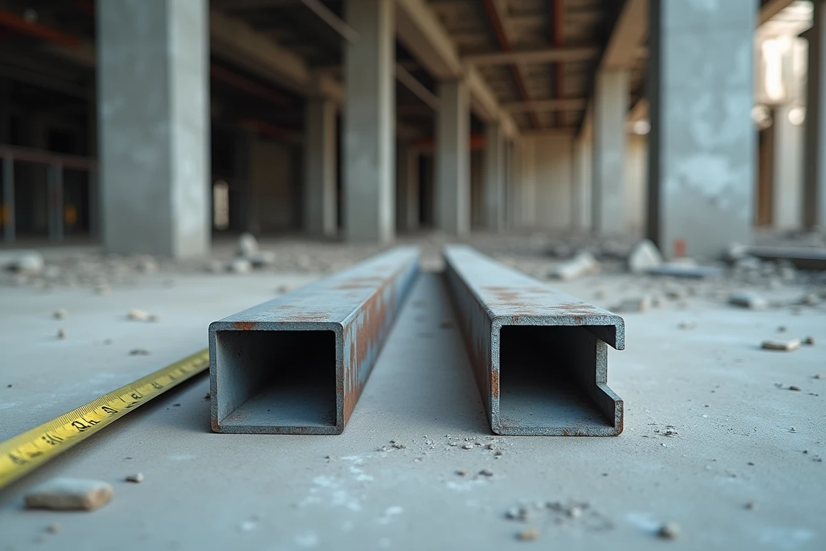 Cornière acier et profilé en U posés sur un chantier de construction avec mètre ruban et repères de craie