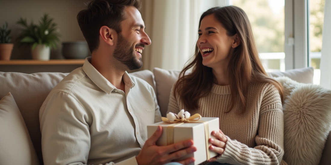 Un couple échangeant des cadeaux en coton dans leur salon