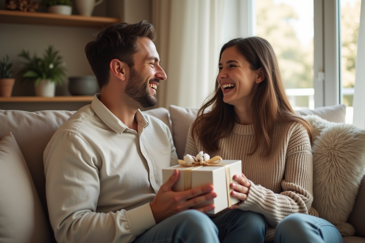 Un couple échangeant des cadeaux en coton dans leur salon