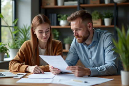 Couple en home office examinant des documents de prêt immobilier