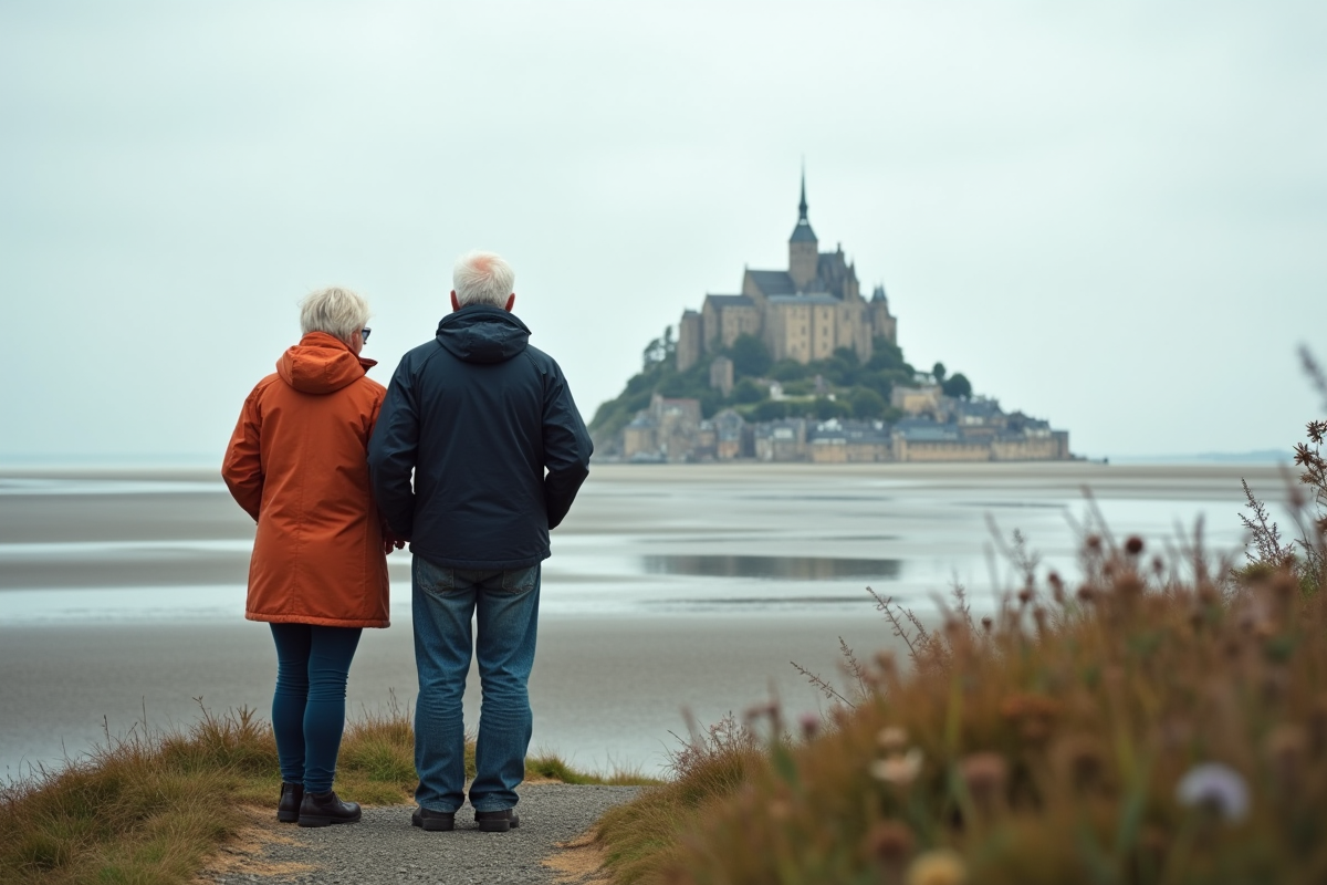 Couple retraité admirant Mont Saint Michel en bord de mer