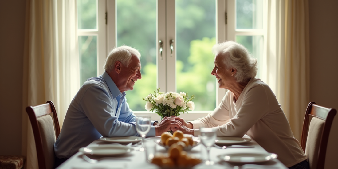 Couple senior souriant lors d'un dîner romantique