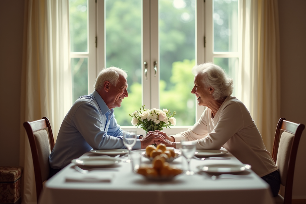 Couple senior souriant lors d'un dîner romantique