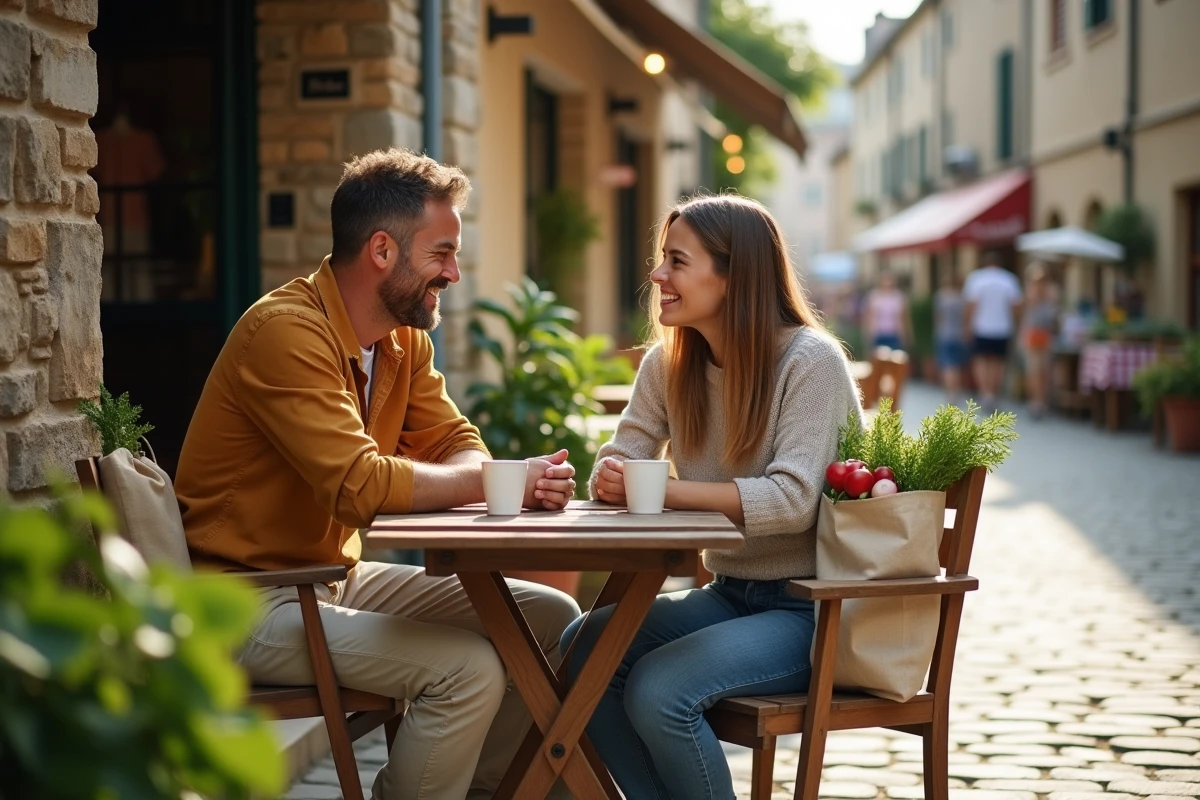 Couple attablé en terrasse près d'un marché du dimanche matin avec des sacs de légumes frais