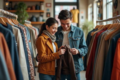 Jeune couple examinant une veste vintage dans une boutique de seconde main