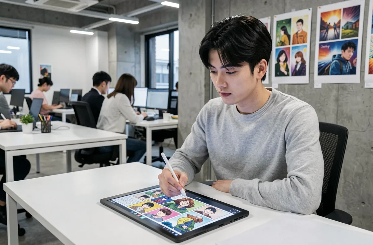 Créateur de webtoon coréen travaillant sur une tablette graphique dans un espace de coworking moderne à Séoul
