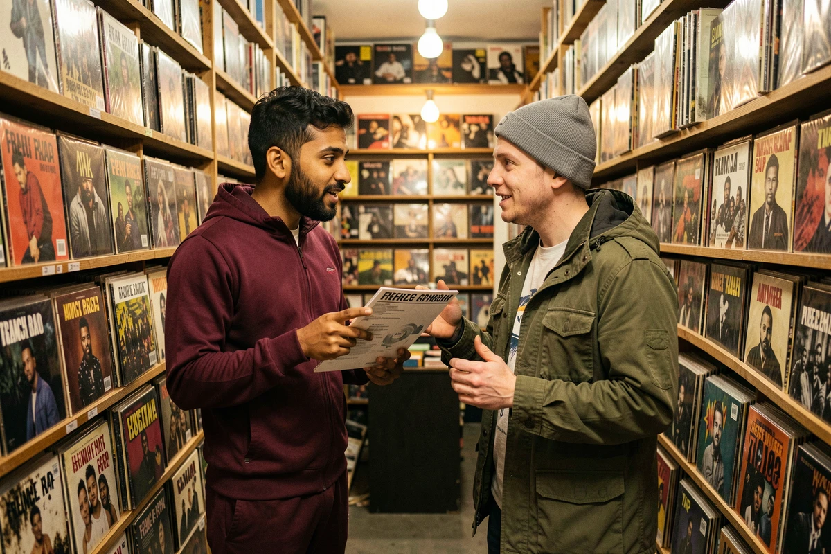 Deux passionnés de rap discutant de la traduction d'un terme d'argot hip-hop dans un magasin de disques vinyle