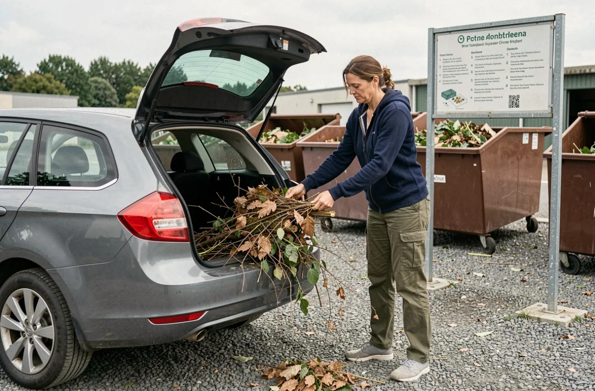 Femme déchargeant des déchets verts de sa voiture dans une déchèterie