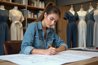 Créatrice de mode en studio esquissant des idées de vêtements