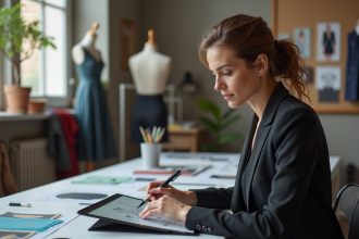 Créatrice de mode dessinant sur tablette dans un studio moderne