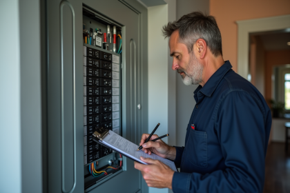 Électricien inspectant un tableau électrique dans une maison moderne