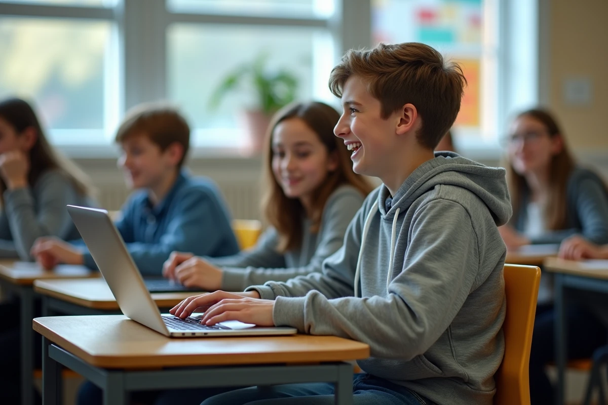 Un élève adolescent rit en découvrant l'animation barrel roll sur son ordinateur portable en cours