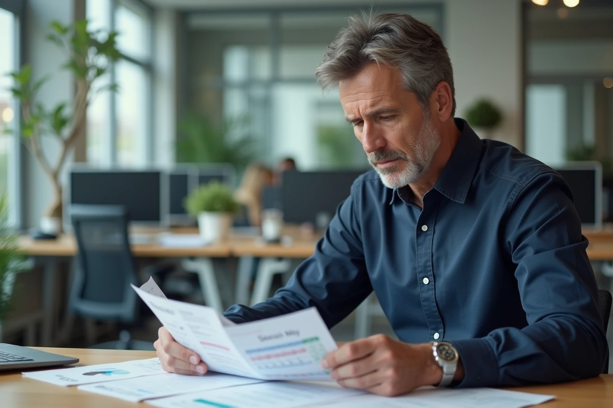 Employé de bureau consultant un calendrier de mai avec jours fériés et des fiches de paie liées au chômage partiel