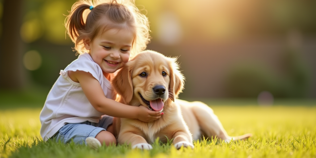 Enfant souriant caressant un chiot golden retriever en plein air