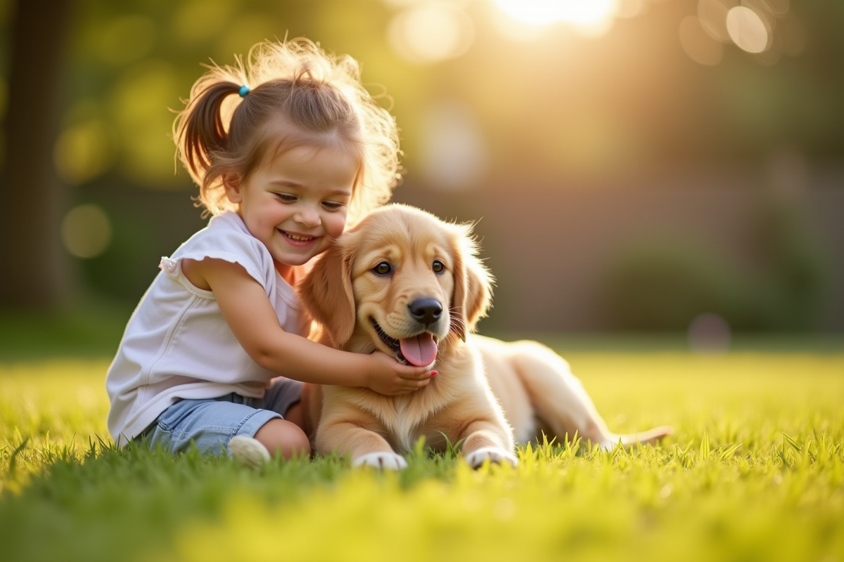 Enfant souriant caressant un chiot golden retriever en plein air
