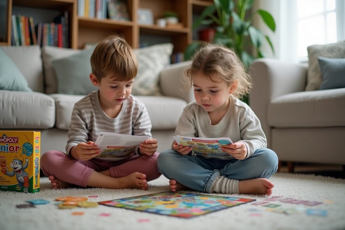 Deux enfants lisant les règles du Monopoly Junior assis par terre dans un salon