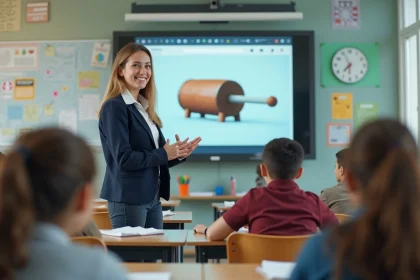 Une enseignante souriante montre un barrel roll sur le tableau interactif devant une classe attentive