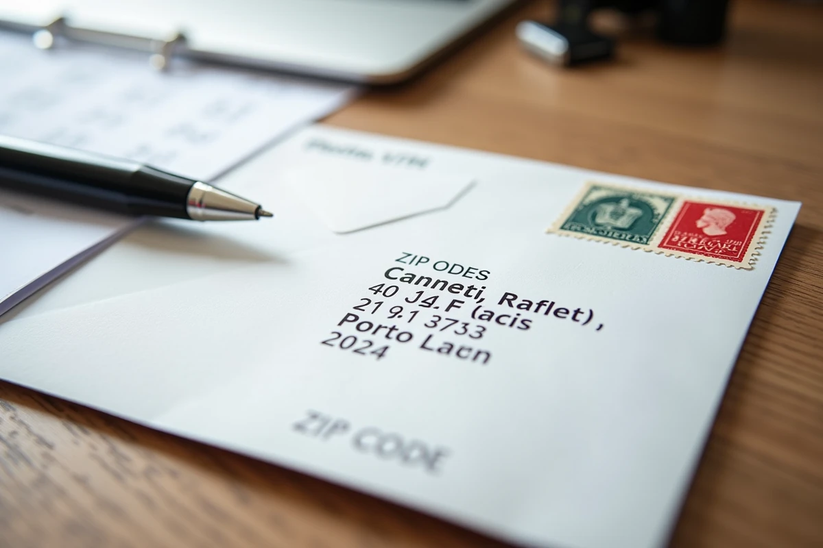 Enveloppe officielle mauricienne avec code postal de Port Louis, timbre et cachet postal sur un bureau en bois